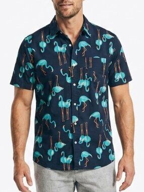 Old Navy Flamingo Resort Shirt XL Tall Navy Blue Teal Short Sleeve Button Down